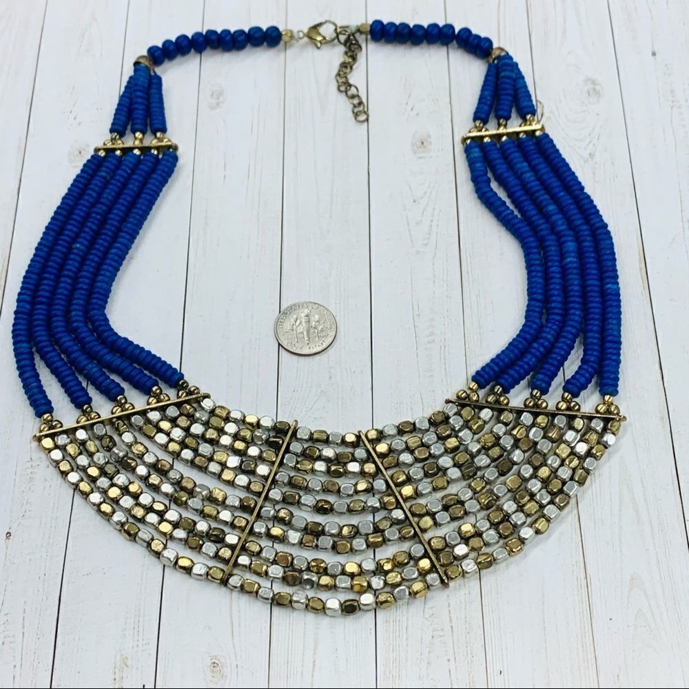 Royal Blue Silver Gold Beaded Necklace‎